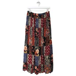 Vintage 90s Express Red Patchwork Floral Print Pleated Midi Skirt Cottage Fall S